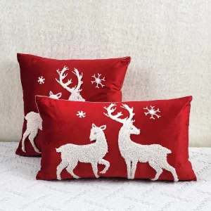 Housse de coussin Noël broderie velours cerfs rouges & flocons blancs