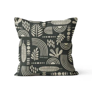Housse de coussin scandinave graphiques noirs et beiges plante et mosaïque