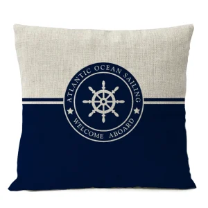 Housse de coussin marin motifs nautiques bord de mer blanc et bleu