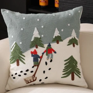 Housse de coussin broderie de Noël cerf sapin et boule de neige