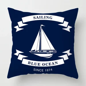 Housse de coussin marin bateau bleu ancre et gouvernail